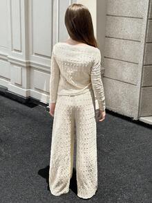 SHEIN Tween Girls Solid Apricot Beige Retro Collegiate Casual Textrue Knitted Off Shoulder Top Long Sleeve Top And Wide Leg Pants 2pcs Set, Casual Daily Wear, For Autumn Winter Knit  Casual Set