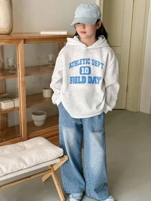 2pcs/Set Genkimix Kids Teenager Girls Letter Print Fleece Hoodie And Loose Fit Denim Pants,Winter,Casual,School,Back-To-School,Green And White Striped - Multicolor - View 1