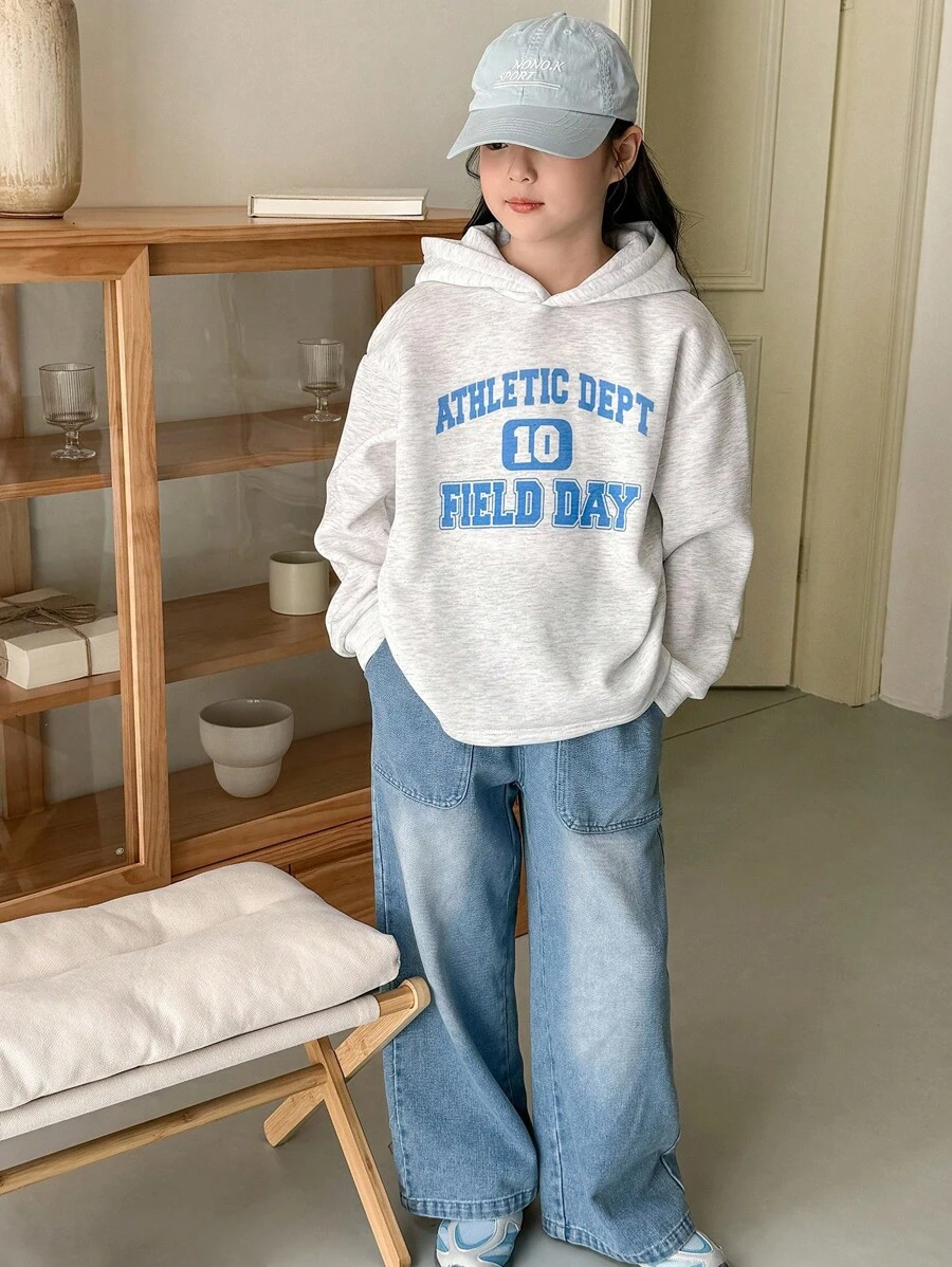 2pcs/Set Genkimix Kids Teenager Girls Letter Print Fleece Hoodie And Loose Fit Denim Pants,Winter,Casual,School,Back-To-School,Green And White Striped - Multicolor - View 1