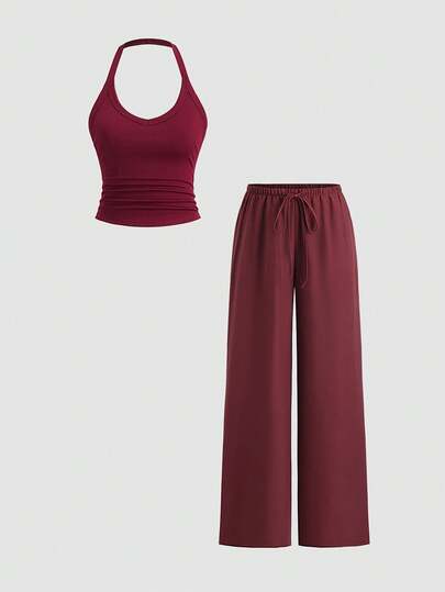 Sweetra 2 件 Y2K 罗纹细肩带吊带背心和阔腿裤套装，女士时尚通勤休闲装，秋季