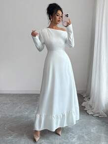 Elenzga Vestido largo de mujer con mangas largas, hombros oblicuos, volantes y estilo de Oriente Medio