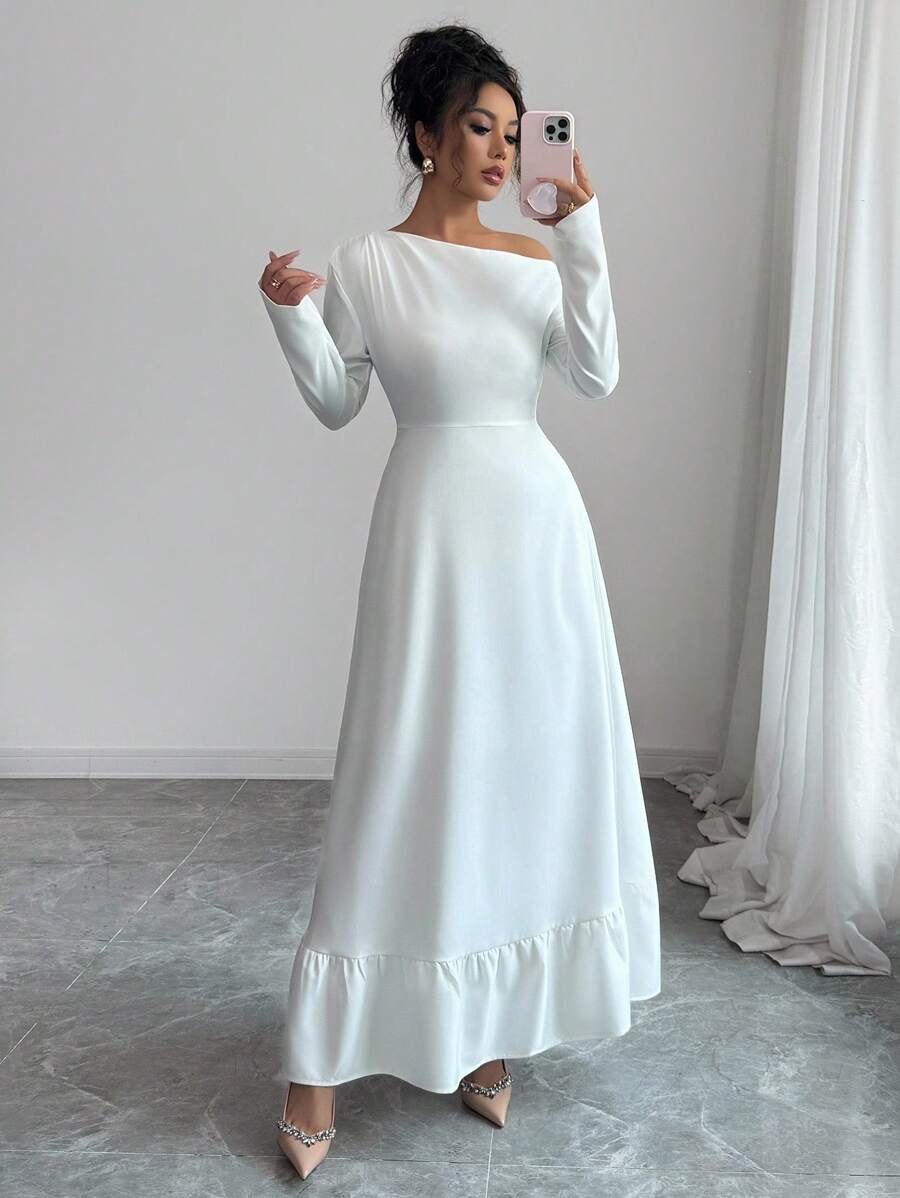 Elenzga Vestido largo de mujer con mangas largas, hombros oblicuos, volantes y estilo de Oriente Medio