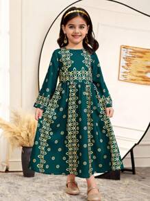 SHEIN 斋月假期休闲碎花长袖圆领连衣裙，适合年轻女孩