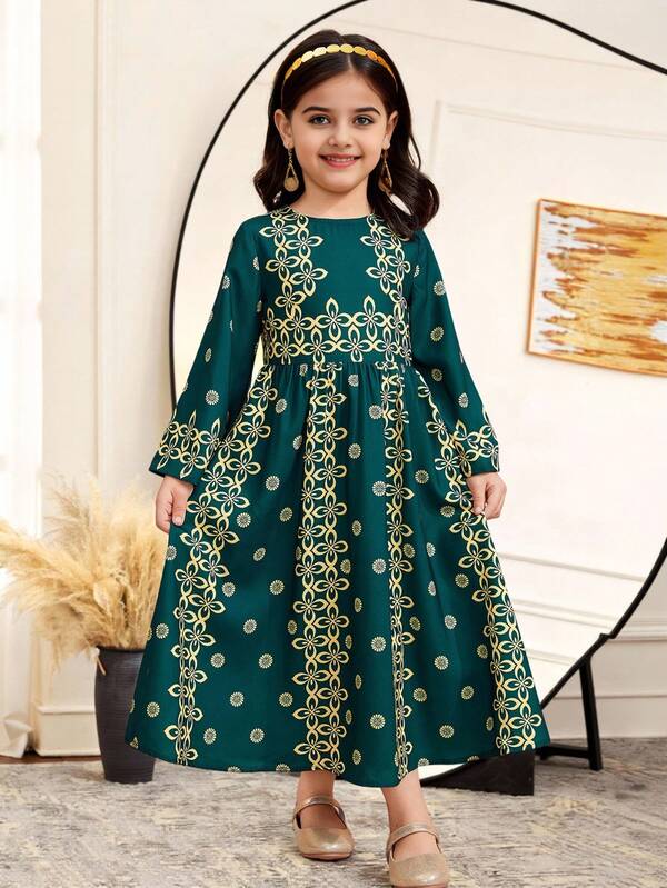 SHEIN Ramadan Vacation Casual Ditsy Floral Long Sleeve Round Neck Dress For Young Girls