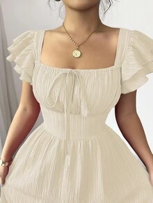 Elenzga 新款女式方领双层荷叶边袖前蝴蝶结后系带设计时尚年轻休闲腰部收紧修身优雅淑女连衣裙 - 杏色 - 查看 3