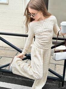 SHEIN Tween Girls Solid Apricot Beige Retro Collegiate Casual Textrue Knitted Off Shoulder Top Long Sleeve Top And Wide Leg Pants 2pcs Set, Casual Daily Wear, For Autumn Winter Knit  Casual Set