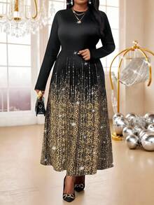 Fleurora 大码女式圆领长袖闪光印花优雅连衣裙，适合优雅派对、通勤和办公室