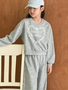 Genkimix Kids Bộ 2 áo nỉ rộng rãi viền ren chữ trắng và quần dài rút dây cho bé gái tuổi teen, thích hợp cho các buổi đi chơi mùa thu/đông, đi học, mặc thường ngày - Xám - Xem 6