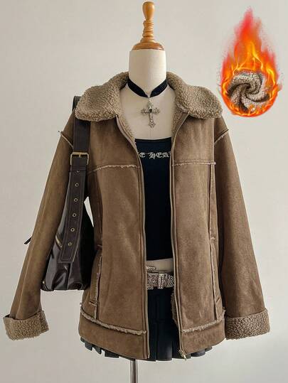 Elamini Brown Suede Fleece Lined Faux Shearling Collar Lapel Zip-Up Pockets Dropped Shoulder Long Sleeve Loose Wool Blend Coat, Fashionable Street Style Vintage Elegant High-End Minimalist Design For Casual, Outing, Date, Autumn/Winter