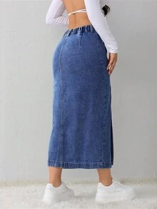 SHEIN PETITE 女士蓝色牛仔半身裙中长裙办公室装铅笔裙夏季开衩牛仔半身裙 - 深色水洗藍 - 查看 2