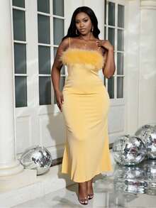 INAWLY Plus Size Women Satin Feather Strap Dress - Yellow - View 3