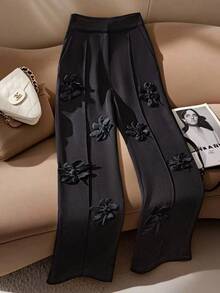 GlowEve Women's Elegant 3D Floral Solid Color Flare Pants - Black - View 3