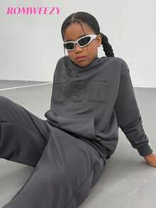 Girls Teen Casual Solid Color Sweatshirt With Embroidered English Word Set - Dark Grey - View 10