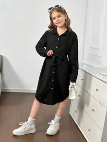 SHEIN 青少年女孩休闲适度舒适翻领不对称下摆中长连衣裙 - 黑色 - 查看 7