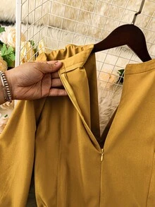 Rometta Vestido de mujer de longitud media elegante con cuello en V, mangas largas, cinturón, textura de tela jacquard con bordado de flores, estilo retro y elegante - Vestido formal para mujer, vestido de Pascua, vestido romántico para invitada de boda