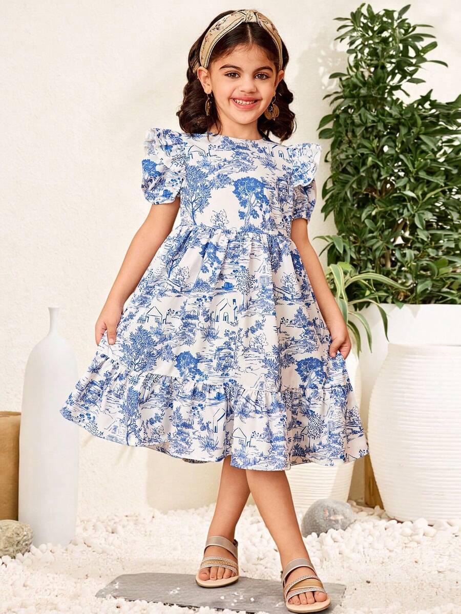 SHEIN Vestido midi de manga abullonada, cuello redondo, cintura recogida, con estampado de paisaje, elegante y retro, casual y suelto, para vacaciones, para niña - Azul - Ver 1