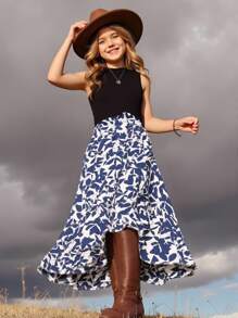 SHEIN 青少年女孩时尚度假休闲针织无领无袖上衣和碎花印花裙两件套 - 彩色 - 查看 6