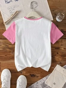 HELLO KITTY AND FRIENDS | SHEIN 青少年女孩卡通图案拼色圆领短袖T恤 - 白色 - 查看 2