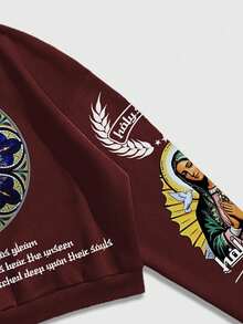 ROMWE MEN Street Life Men's Printed Gothic Sweatshirt, Loose Cropped Style, Fall - Burgundy - View 4