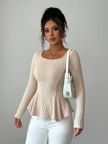 Selianne 女士纯色圆领长袖露背扭纹罗纹休闲T恤 - 杏色 - 查看 6