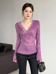 Celisse Fashionable Women's V-Neck Lace Long Sleeve Bestselling Whitening Slimming All-Season Figure-Flattering Sexy & Elegant Women's Knit Sweater Fall Cloth For Women - Purple - View 3