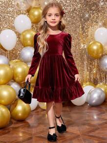 SHEIN Young Girl Cute Back 3D Bowknot Decoration Dress, Casual Simple Elegant  Dress, Suitable For Autumn And Winter,For Christmas,Party Wear,Birthday Dress - Burgundy - View 5
