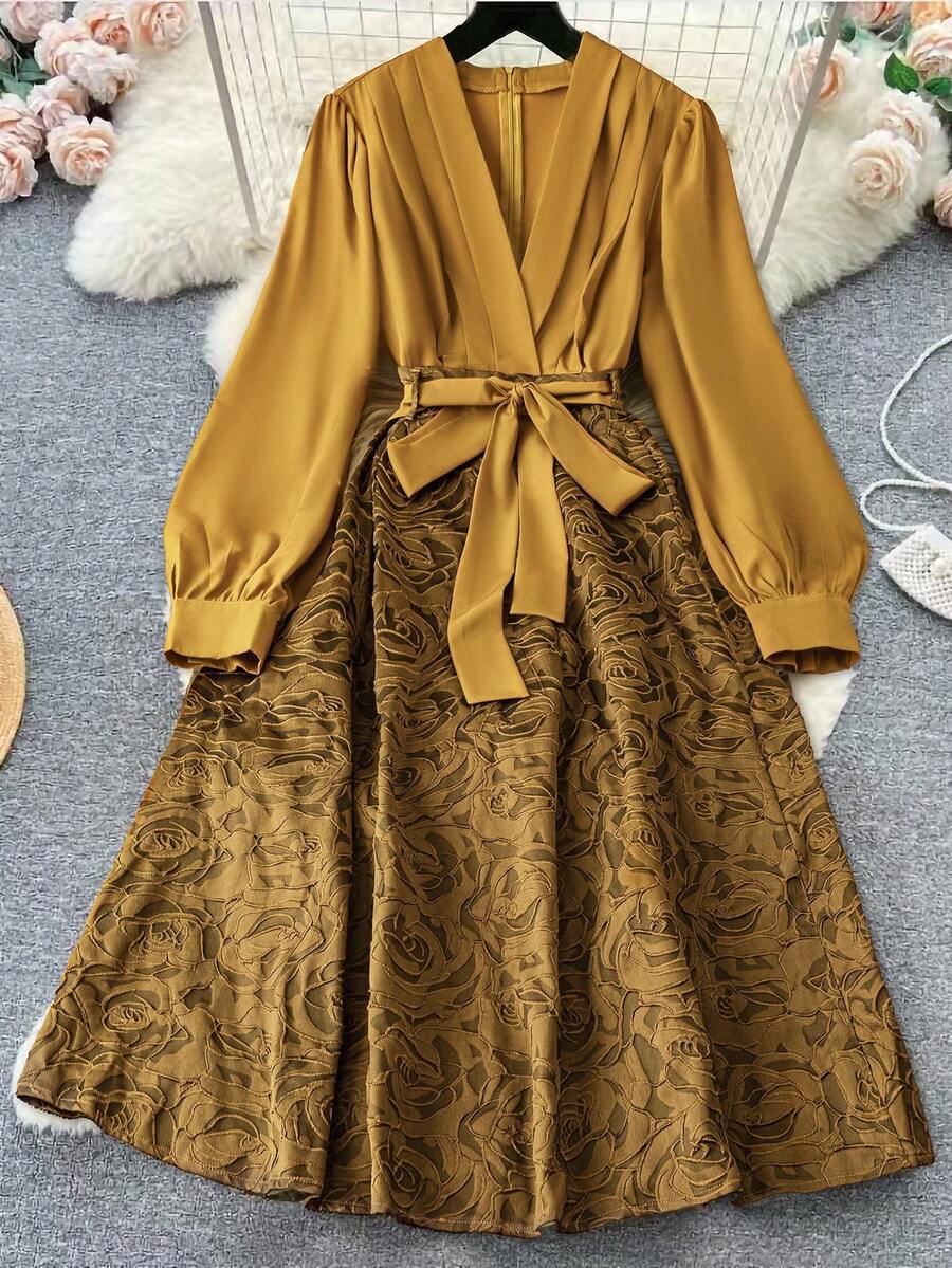 Rometta Vestido de mujer de longitud media elegante con cuello en V, mangas largas, cinturón, textura de tela jacquard con bordado de flores, estilo retro y elegante - Vestido formal para mujer, vestido de Pascua, vestido romántico para invitada de boda