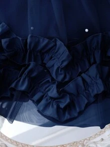 Elegant Fashion Ruffle Trim Pearl Decor Mesh Girls Dress - Navy Blue - View 5
