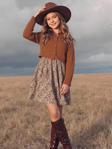 SHEIN Emery Rose Kids LMoss Tween Girl Tween Girl's Casual Woven Long Sleeve Shirt Top And Ditsy Floral Slip Dress Set