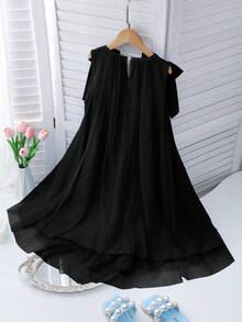 Sparklyn Elegant Fashion Ruffle Trim Pearl Decor Mesh Girls Dress