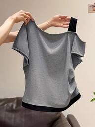 SHEIN Women's 2 In 1 Oblique Shoulder Short Sleeve T-Shirt Top, Summer