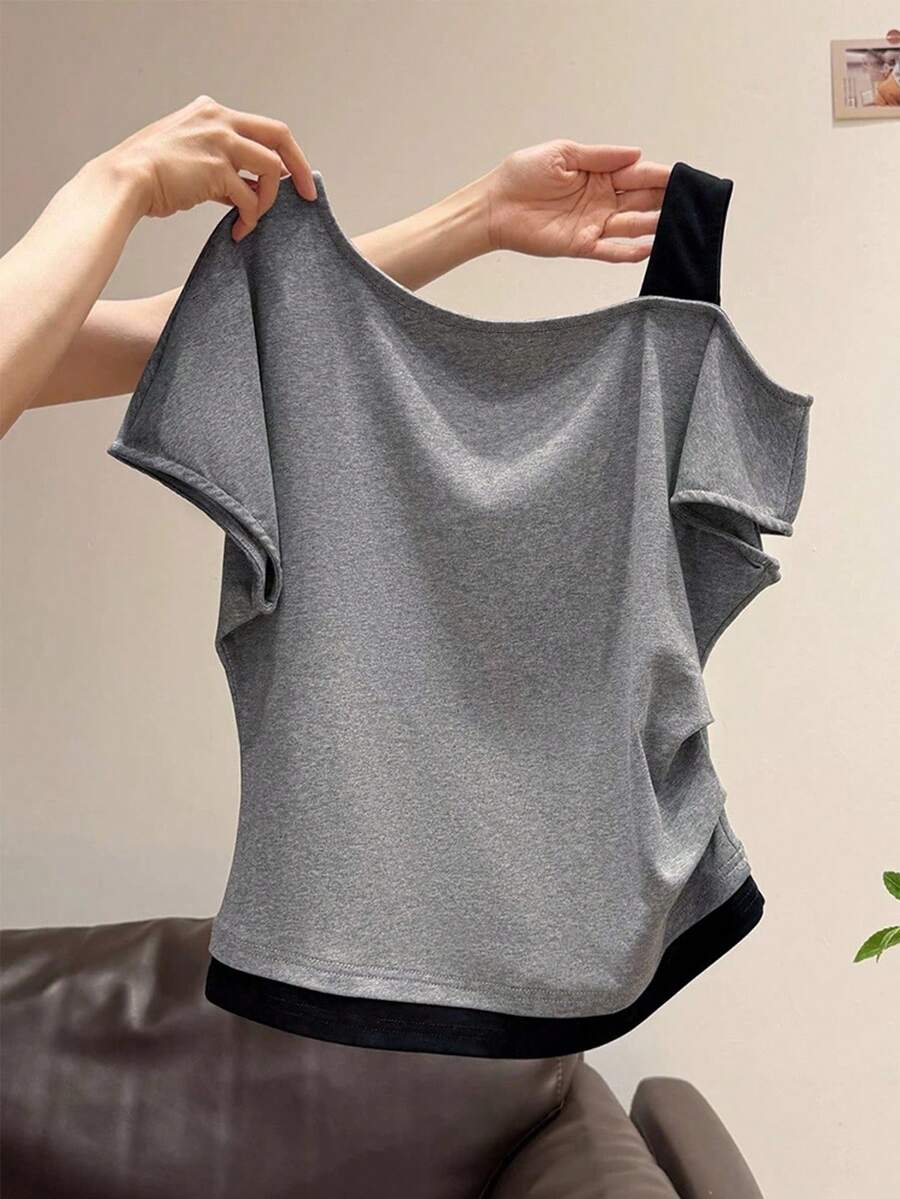 SHEIN Women's 2 In 1 Oblique Shoulder Short Sleeve T-Shirt Top, Summer