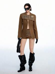 LYSMO Bộ vest đính đinh tán màu nâu - Thu/Đông - Tiệc tùng/Y2K - màu nâu - Xem 3
