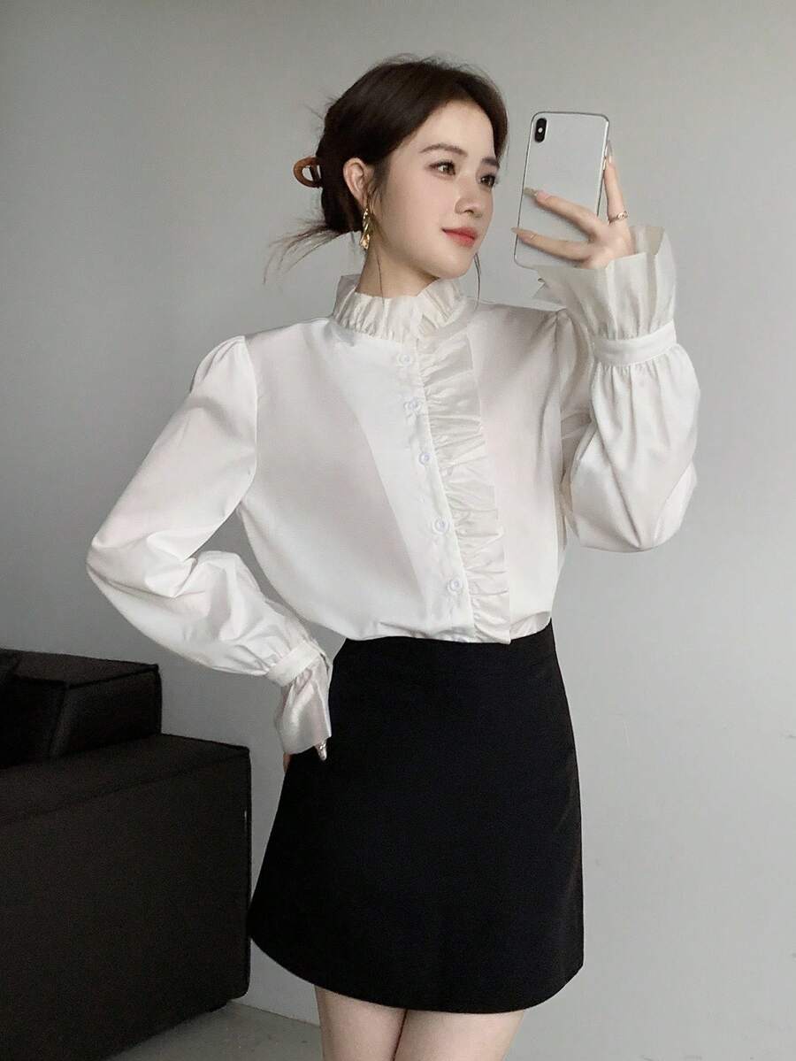 Celisse Women's Fashionable Elegant Lotus Leaf Trim Blouse Fall Cloth For Women - White - View 1