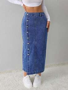 SHEIN PETITE 女士蓝色牛仔半身裙中长裙办公室装铅笔裙夏季开衩牛仔半身裙 - 深色水洗藍 - 查看 7