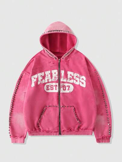 Street Life Men's Washed Rivet Print Hooded Collar Long Sleeve Sweatshirt Sweatshirt, Short Style