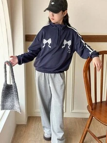 SHEIN 2pcs/Set Girls' Oversized Bow Decor Sweatshirt + Loose Fit Sweatpants, Navy Blue + Grey - Royal Blue - View 4