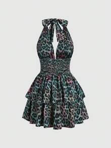 SHEIN Unity Women's Sexy Deep Shirred Ruffle Hem Halter Leopard Print Dress - Mint Green - View 2