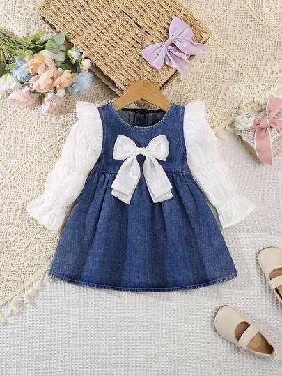 1pc Baby Girl Cute Bowknot Decor Blue & White Patchwork Denim Dress, Suitable For Casual Daily Wear And Party Events Fall Winter