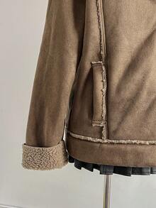 Elamini Brown Suedette Faux Fluffy Collar Zip-Up Pockets Dropped Shoulder Long Sleeve Loose Coat, Fashionable Street Style Vintage Elegant High-End Minimalist Design For Casual, Outing, Date, Autumn/Winter