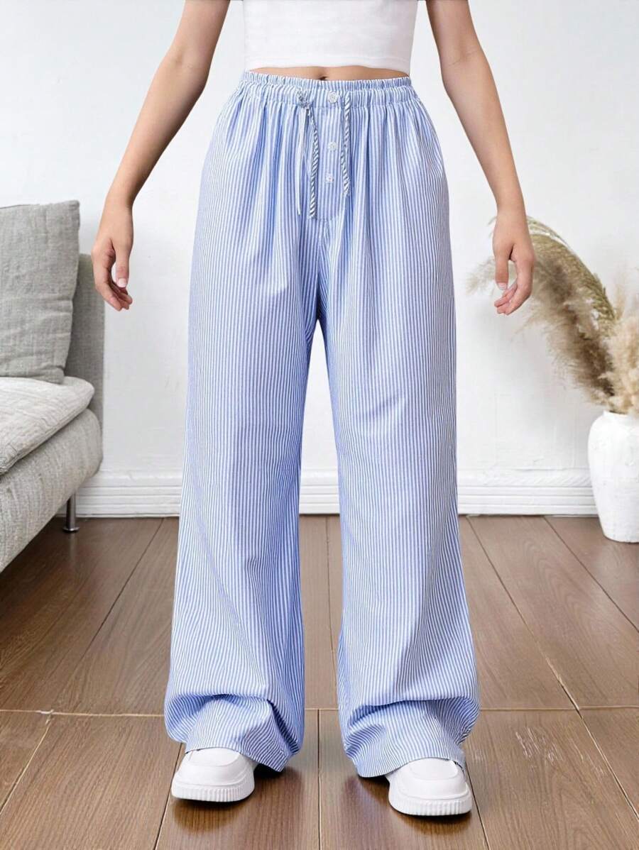 SHEIN Pantalones anchos de cintura media, cómodos y holgados con decoración de botones para niñas preadolescentes - Azul - Ver 1