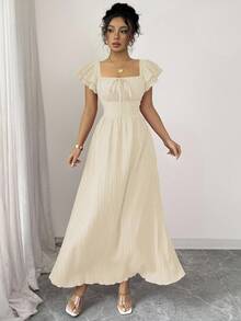 Elenzga 新款女式方领双层荷叶边袖前蝴蝶结后系带设计时尚年轻休闲腰部收紧修身优雅淑女连衣裙 - 杏色 - 查看 6