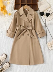 SHEIN 女童编织双排扣翻领宽松长款法式风衣、派克大衣、风衣，休闲军装风，适合通勤和户外活动，春夏秋冬皆宜，Y2K风格女童装，金属质感外套，Y2K风格女童装，银色外套，儿童酷炫装扮，少女装，万圣节、返校季、母女亲子装。