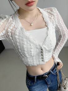 SHEIN LUNE 女式纯色短袖透视V领蕾丝边衬衫 - 白色 - 查看 5