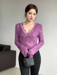 Celisse Fashionable Women's V-Neck Lace Long Sleeve Bestselling Whitening Slimming All-Season Figure-Flattering Sexy & Elegant Women's Knit Sweater Fall Cloth For Women - Purple - View 4