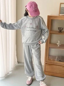 Genkimix Kids 2pcs Tween Girls Lace Trim Bow Letter Print Double Layer Collar Sweatshirt + Lace Trim Solid Color Casual Jogger Pants - Grey - View 1