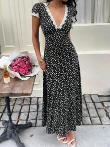 Sunnyshic 蓝色花卉拼布蕾丝 V 领腰 A 字长裙，优雅可爱，适合度假、海滩、日常、派对、郊游、下午茶，夏季百搭女性 - 黑色 - 查看 5