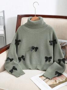 SHEIN Tween Girls' Casual Butterfly Decor Loose Fit High Neck Textured Oversized Green Pullover Sweater,In Fall/Winter - Green - View 7