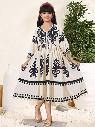 SHEIN Tween Girl Loose A-Line Retro Print Fringe Decor Long Dress