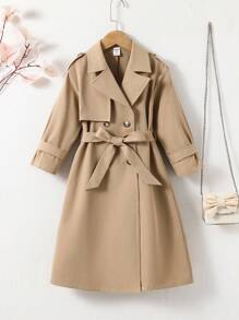 SHEIN 女童编织双排扣翻领宽松长款法式风衣、派克大衣、风衣，休闲军装风，适合通勤和户外活动，春夏秋冬皆宜，Y2K风格女童装，金属质感外套，Y2K风格女童装，银色外套，儿童酷炫装扮，少女装，万圣节、返校季、母女亲子装。